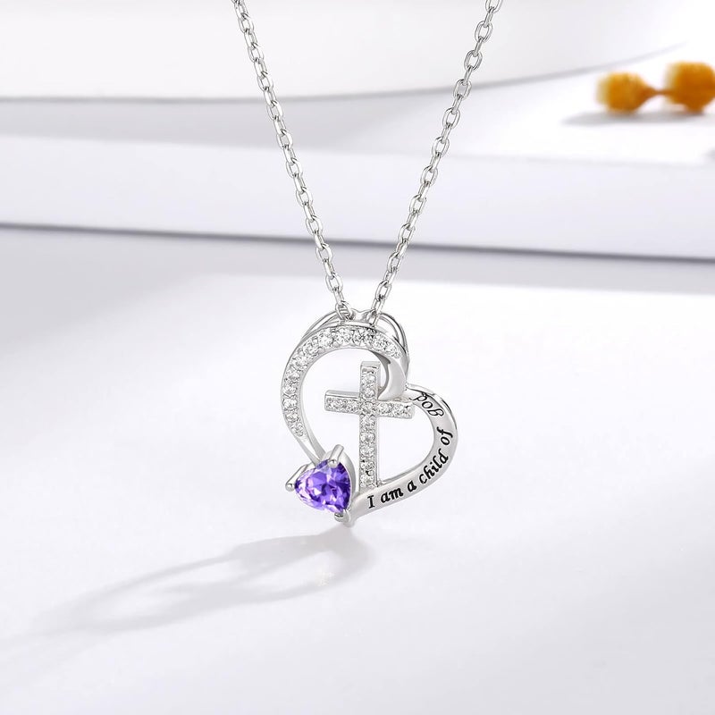 MANBU Sterling Silver Cross Necklace for Girls: Heart Birthstone I am a Child of God Pendant Religious Jewelry Baptism First Communion Confirmation Gifts for Teens - Image 2